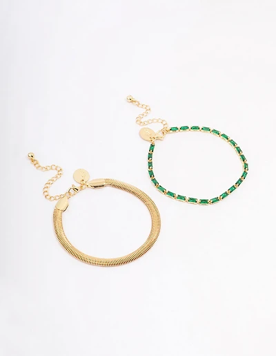 Gold Plated Baguette & Snake Chain Bracelet Pack