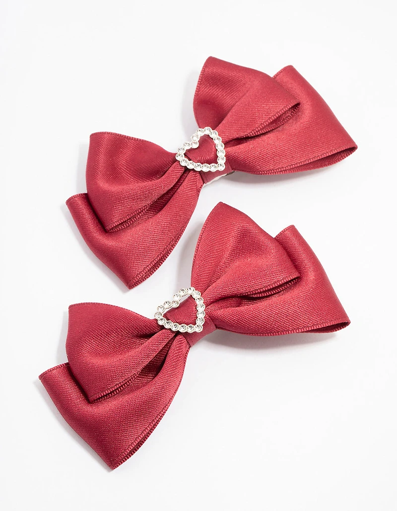 Red Fabric Bow with Diamante Heart Clip 2-Pack