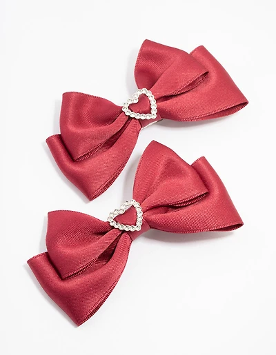 Red Fabric Bow with Diamante Heart Clip 2-Pack