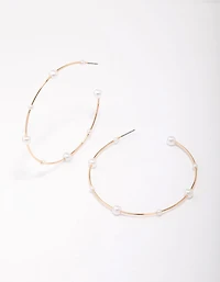 Gold Fine Pearl Hoop Earrings
