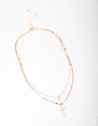 Gold Double Cross Layered Necklace