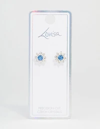 Blue Bohemia Czech Crystal Flower Halo Gold Stud Earrings