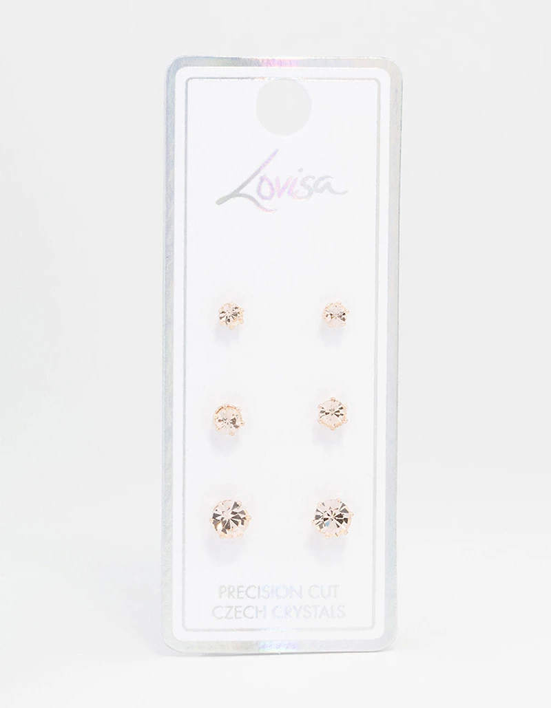 Rose Gold Hexagon Bohemia Czech Crystal Stud Earrings 3-Pack
