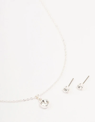 Silver Bezel Bohemia Czech Crystal Necklace & Stud Earring Set