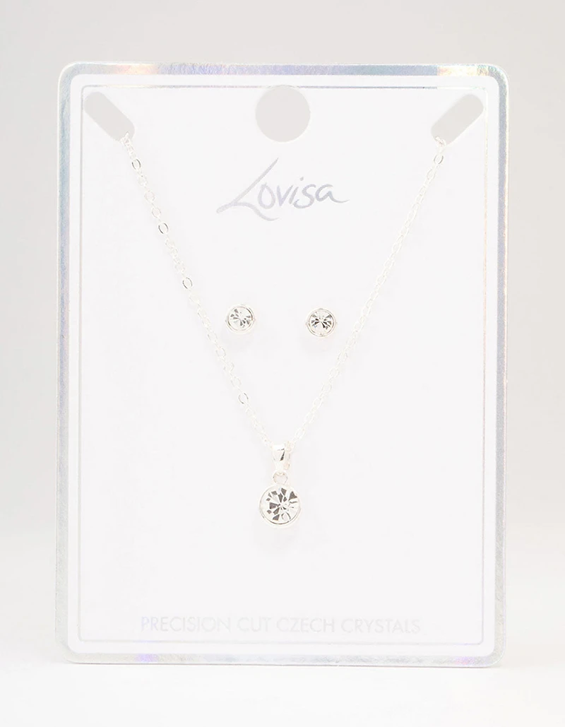 Silver Bezel Bohemia Czech Crystal Necklace & Stud Earring Set