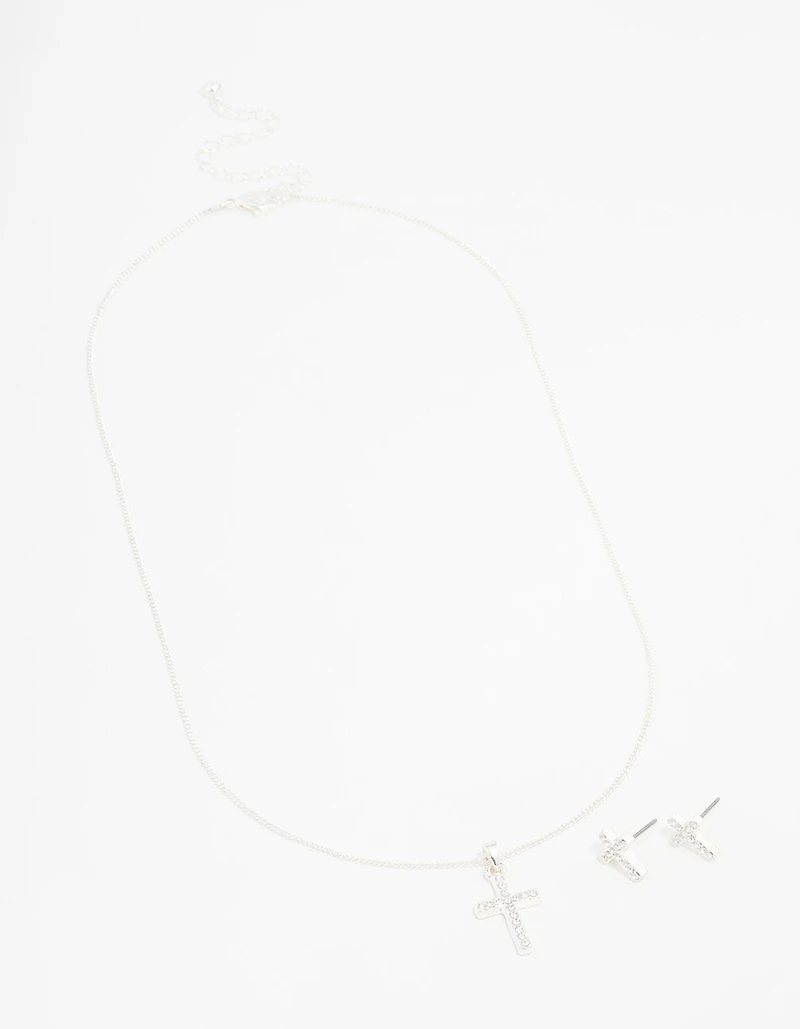 Silver Bohemia Czech Crystal Cross Necklace & Stud Earring Set
