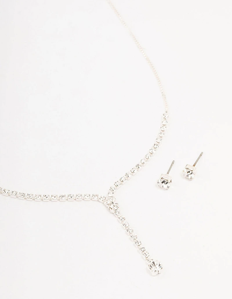 Silver Bohemia Czech Crystal Cupchain Y-Necklace & Stud Earrings Set