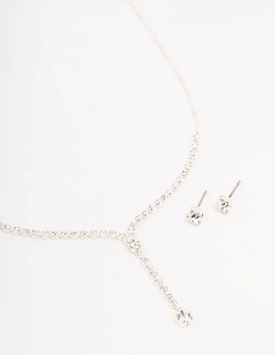 Silver Bohemia Czech Crystal Cupchain Y-Necklace & Stud Earrings Set