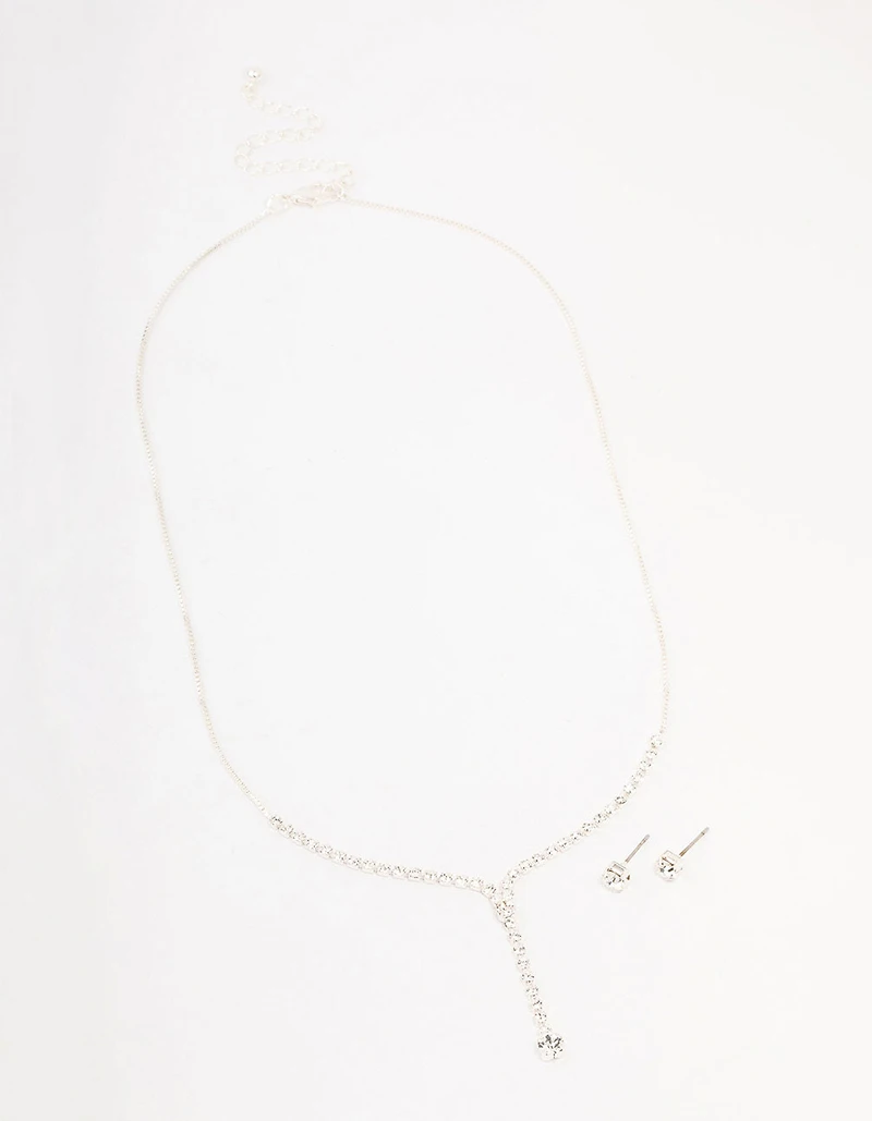 Silver Bohemia Czech Crystal Cupchain Y-Necklace & Stud Earrings Set