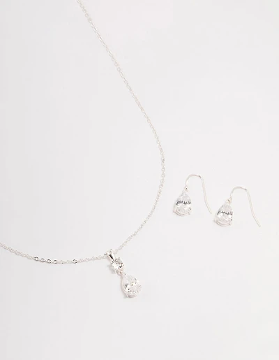 Silver Pear Czech Crystals Drop Necklace & Earring Set