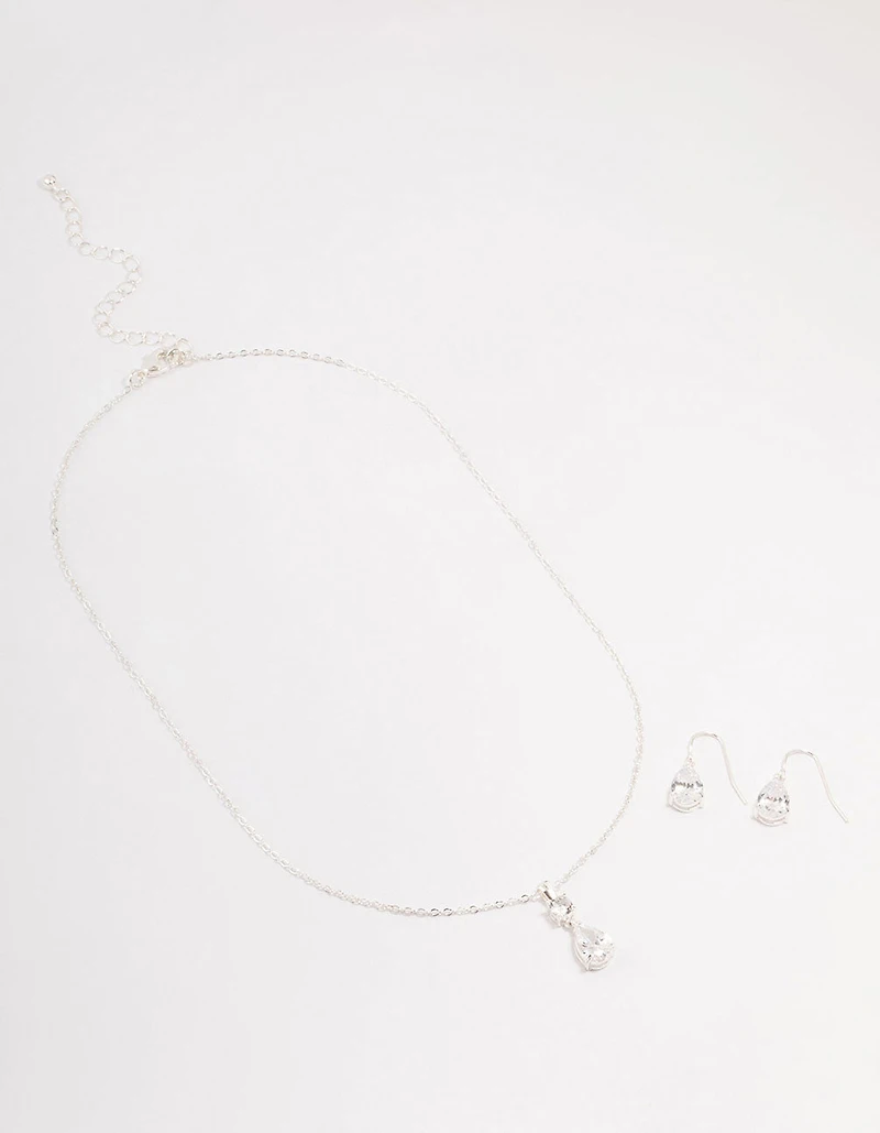 Silver Pear Czech Crystals Drop Necklace & Earring Set