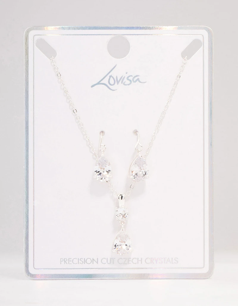 Silver Pear Czech Crystals Drop Necklace & Earring Set