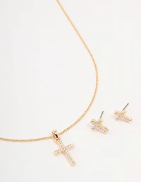 Gold Bohemia Czech Crystal Cross Necklace & Stud Earrings Set