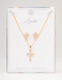 Gold Bohemia Czech Crystal Cross Necklace & Stud Earrings Set