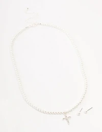 Silver Bohemia Czech Crystal Cross Necklace & Pearl Earrings Set
