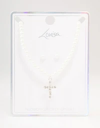 Silver Bohemia Czech Crystal Cross Necklace & Pearl Earrings Set
