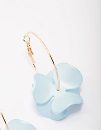 Gold Blue Iridescent Flower Hoop Earrings