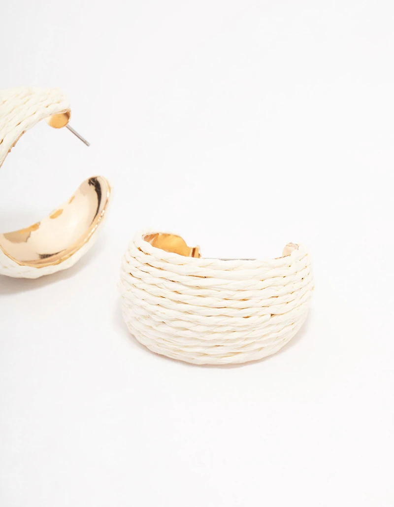 Gold Wide Cream Wrapped Fabric Hoop Earrings