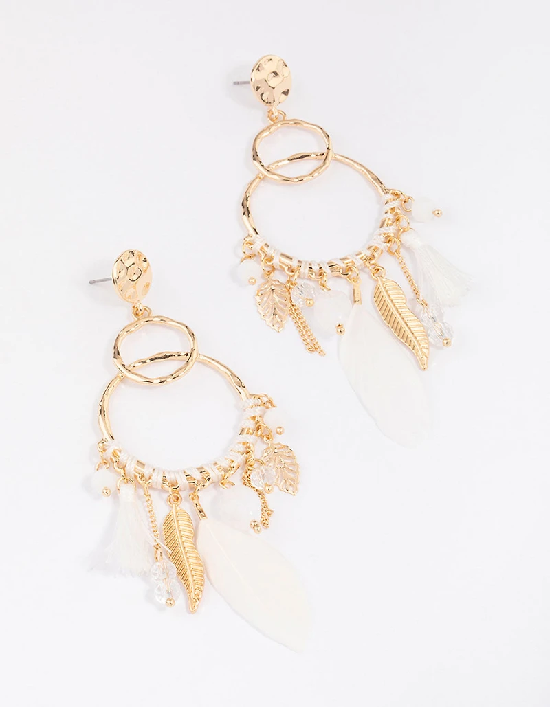 Gold Thread Feather Beaded Drop Earrings