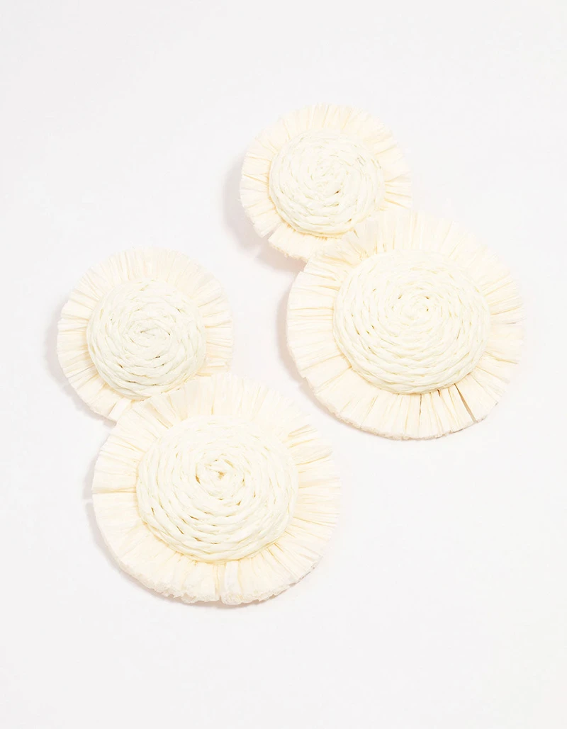 White Raffia Round Graduating Drop Earrings