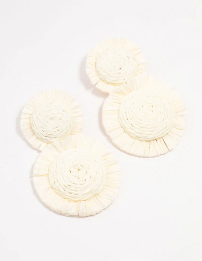 White Raffia Round Graduating Drop Earrings
