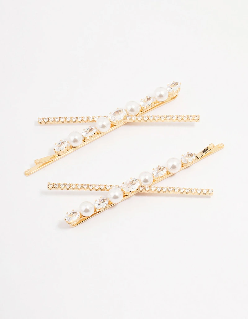 Gold Pearl & Crystal Cross Hair Clip 2-Pack