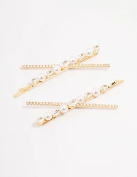 Gold Pearl & Crystal Cross Hair Clip 2-Pack