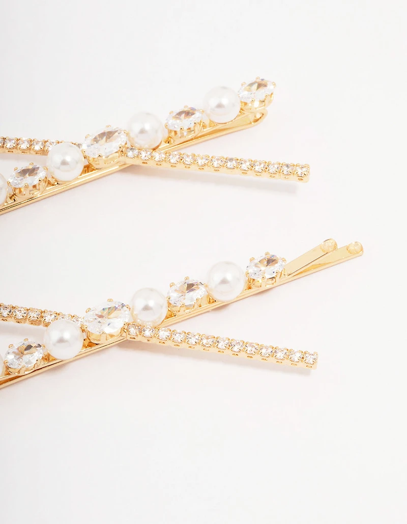 Gold Pearl & Crystal Cross Hair Clip 2-Pack