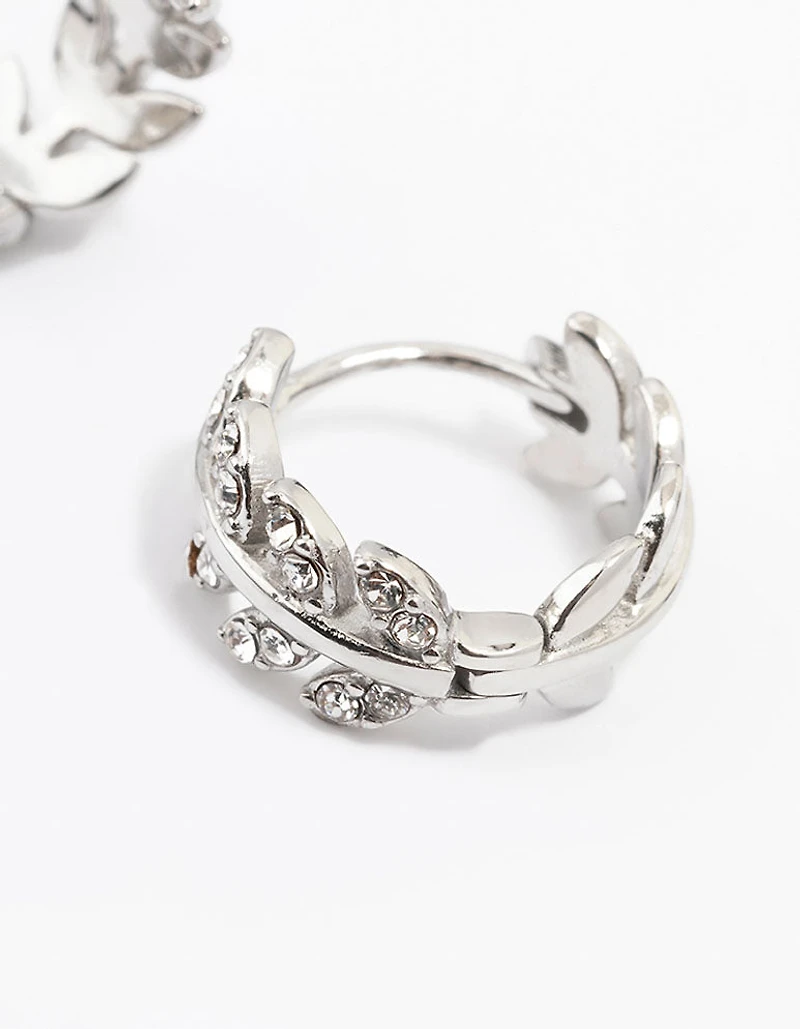 Surgical Steel Diamante Leaf Huggie Earrings