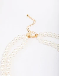 Gold Pearl Cross Multi Row Layered Necklace