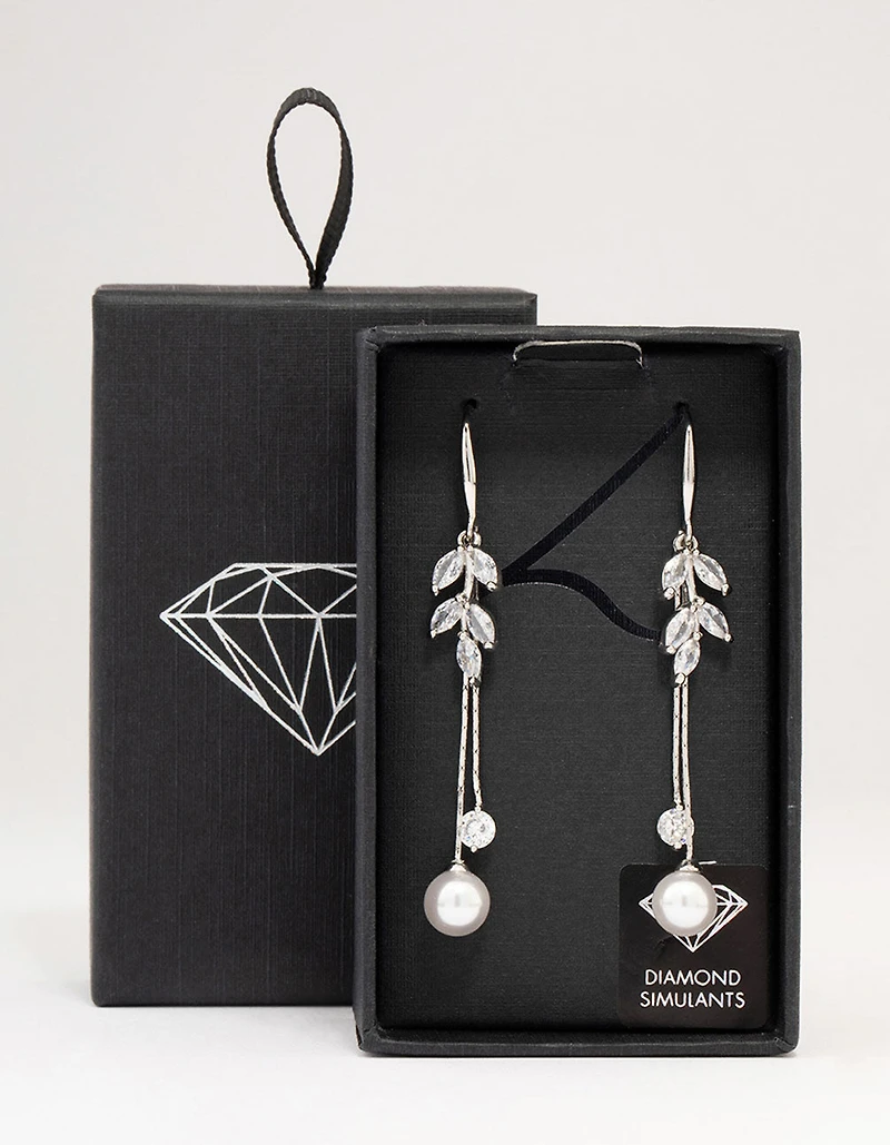 Silver Cubic Zirconia Leaf & Pearl Drop Earrings