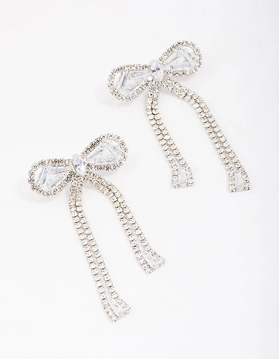 Silver Large Diamante Bow Drop Earrings