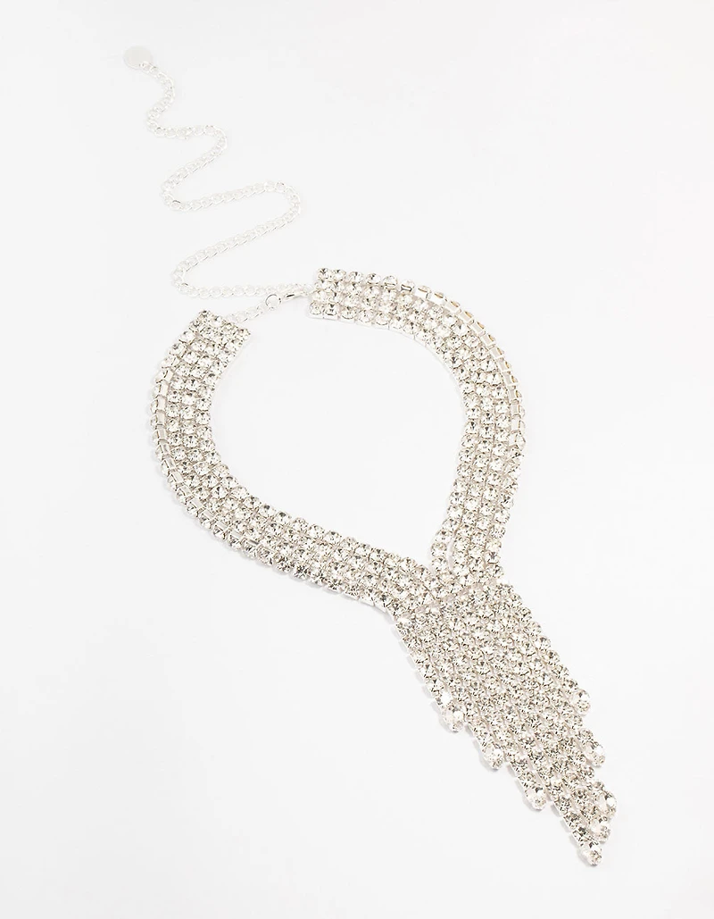 Silver Multi Row Diamante Necklace
