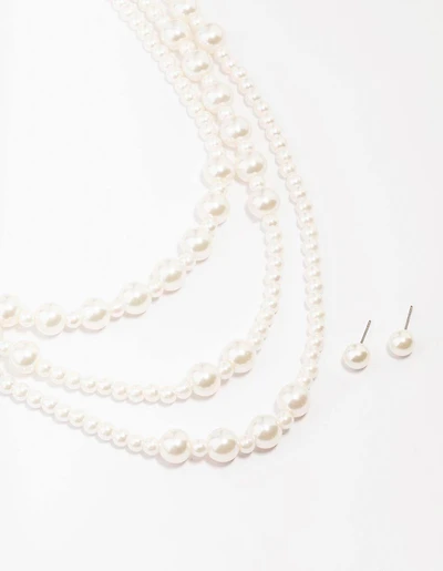 Pearl Beaded Layered Necklace & Stud Earring Set
