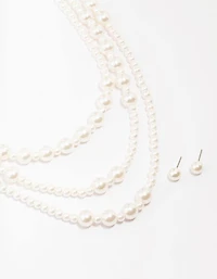 Pearl Beaded Layered Necklace & Stud Earring Set