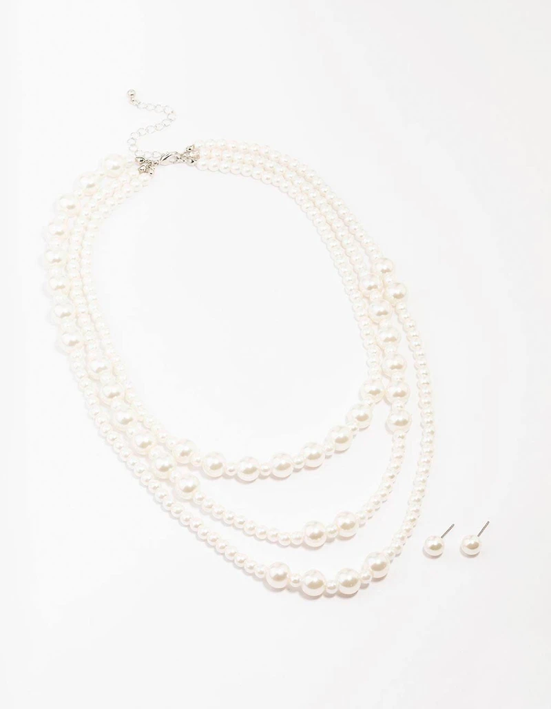 Pearl Beaded Layered Necklace & Stud Earring Set