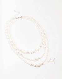 Pearl Beaded Layered Necklace & Stud Earring Set