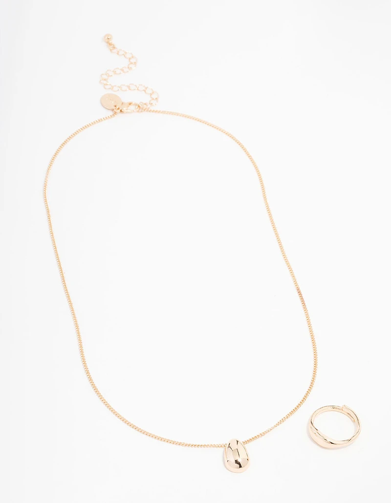 Gold Smooth Stone Necklace & Ring Set