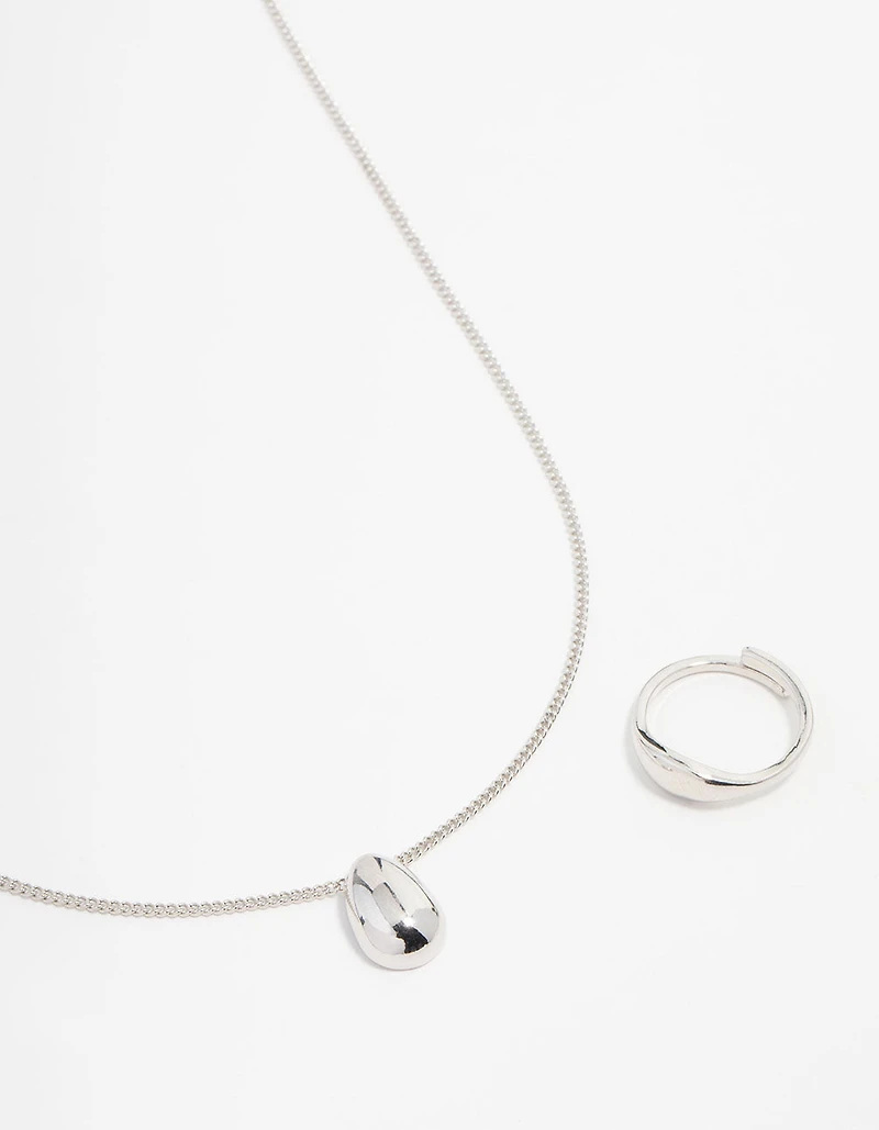 Silver Smooth Stone Necklace & Ring Set