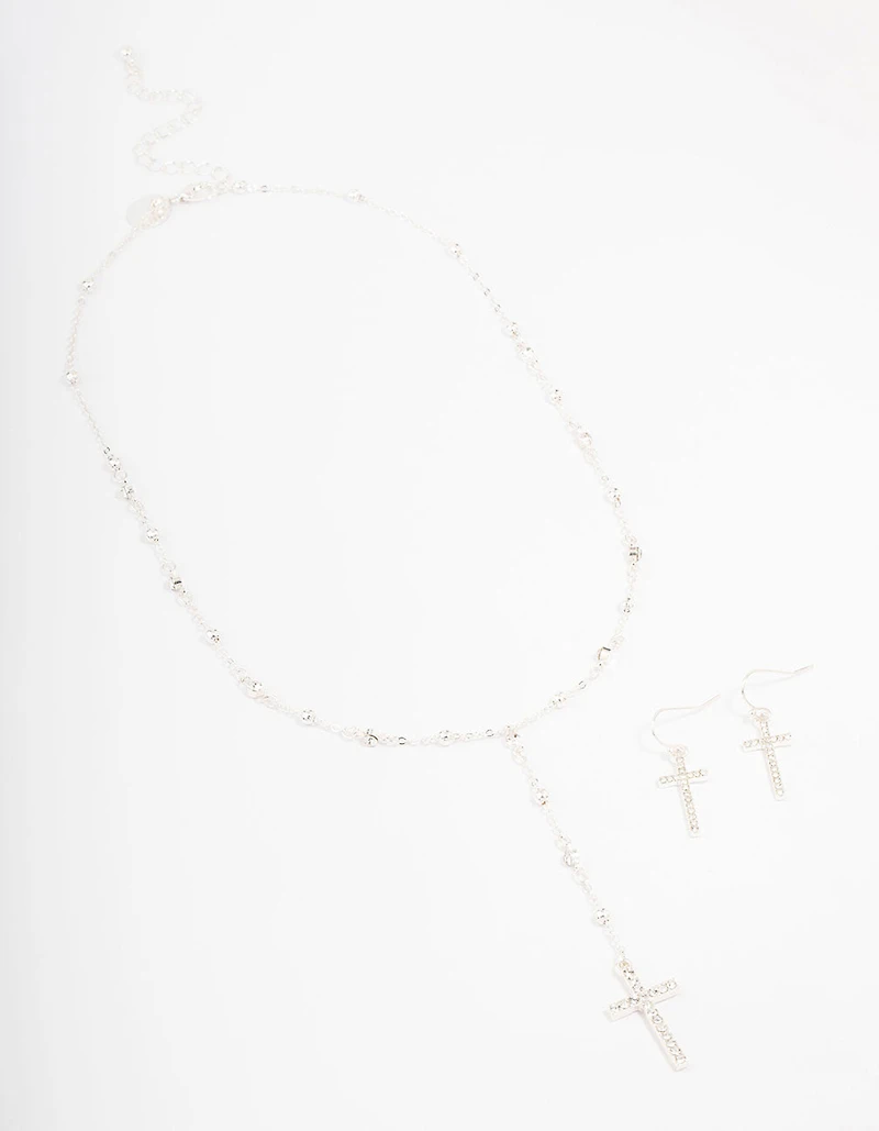 Silver Beaded Cross Jewellery Set