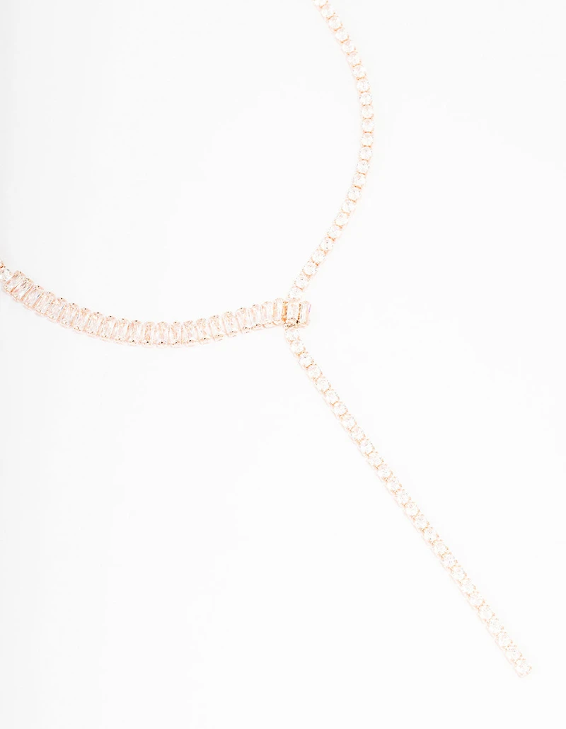 Rose Gold Cubic Zirconia Fine Baguette Lariat Necklace