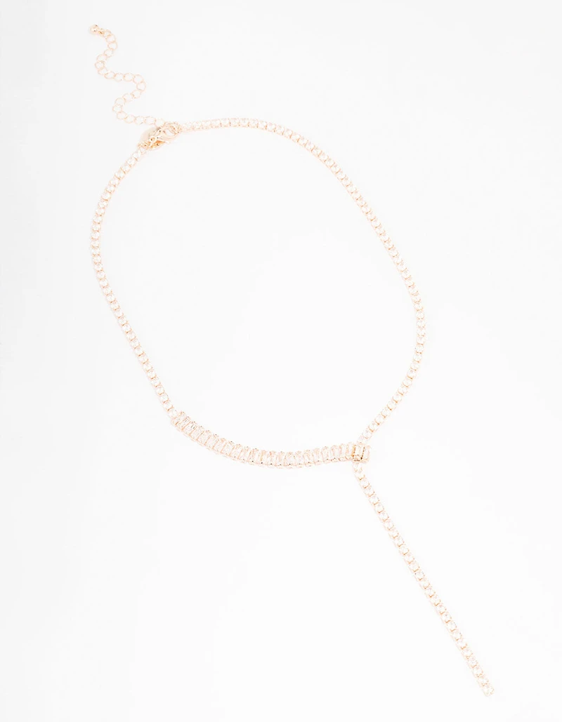 Rose Gold Cubic Zirconia Fine Baguette Lariat Necklace