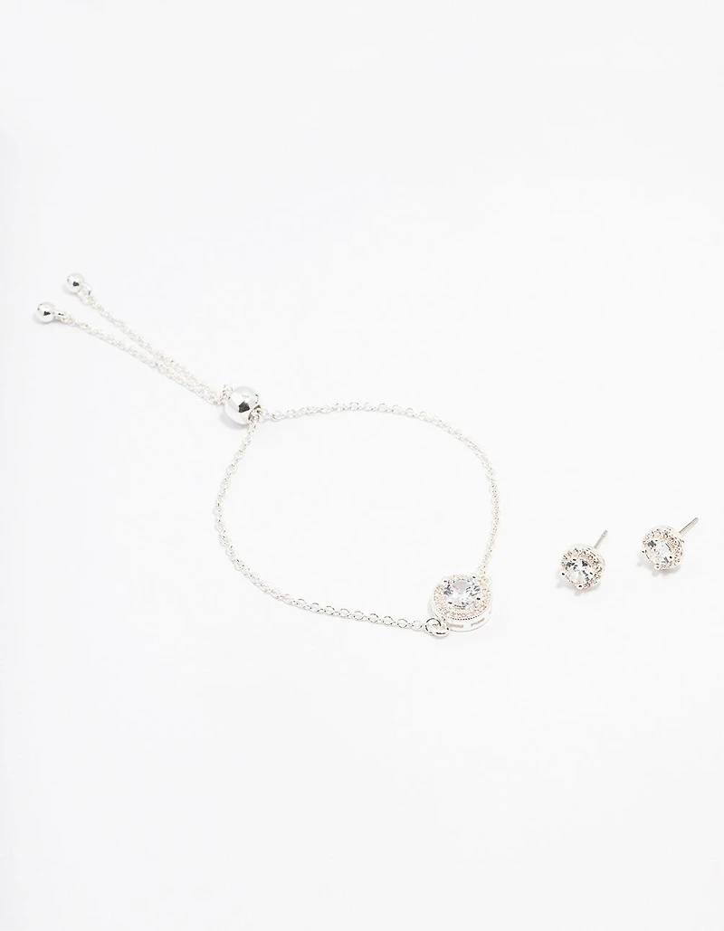 Silver Cubic Zirconia Round Halo Jewellery Set