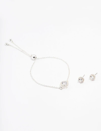 Silver Cubic Zirconia Round Halo Jewellery Set