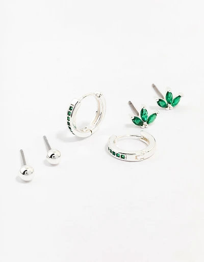 Silver Plated Brass  Cubic Zirconia Marquise Stud & Huggie Hoop Earring Pack