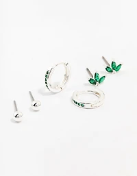 Silver Plated Brass  Cubic Zirconia Marquise Stud & Huggie Hoop Earring Pack