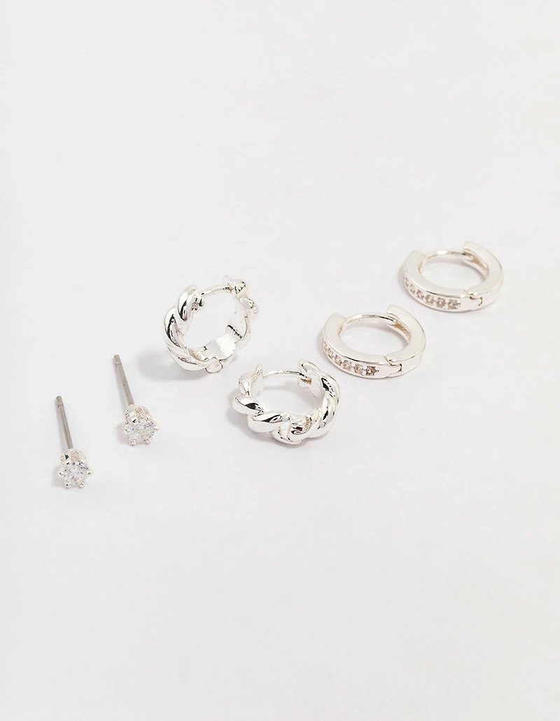 Silver Plated Brass Classic Cubic Zirconia Earring 3-Pack