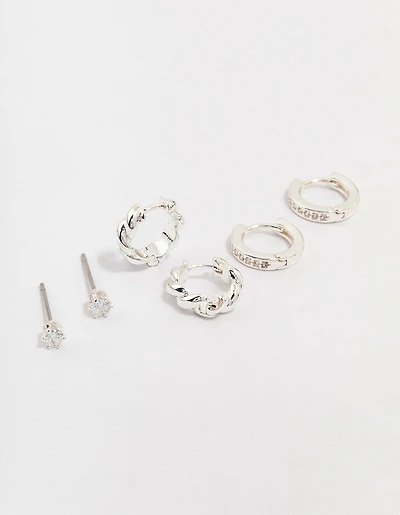 Silver Plated Brass  Classic Cubic Zirconia Earring 3-Pack