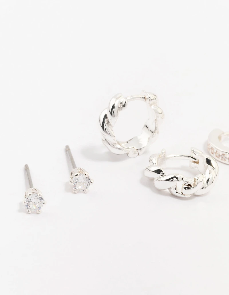 Silver Plated Brass  Classic Cubic Zirconia Earring 3-Pack