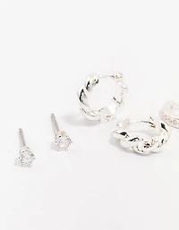 Silver Plated Brass  Classic Cubic Zirconia Earring 3-Pack